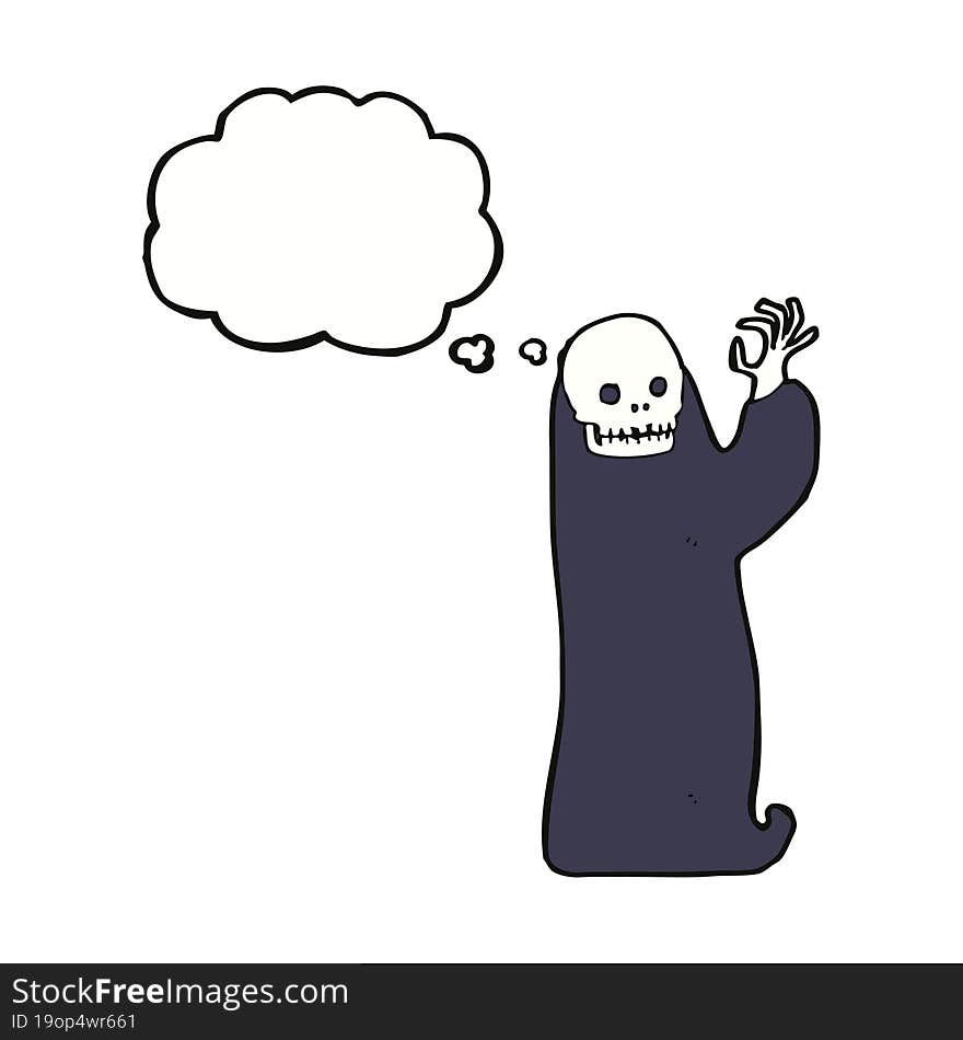 cartoon waving halloween ghoul with thought bubble