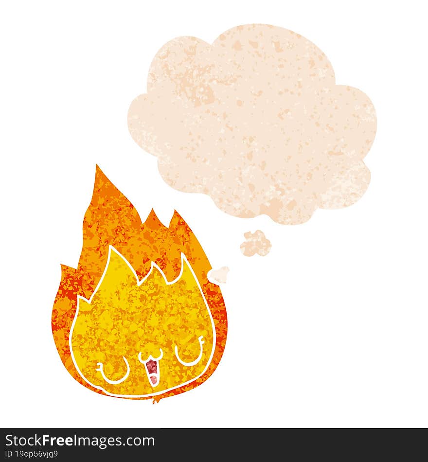 cartoon flame with face and thought bubble in retro textured style