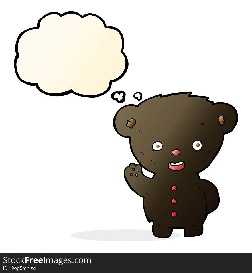 cartoon waving black bear cub with thought bubble