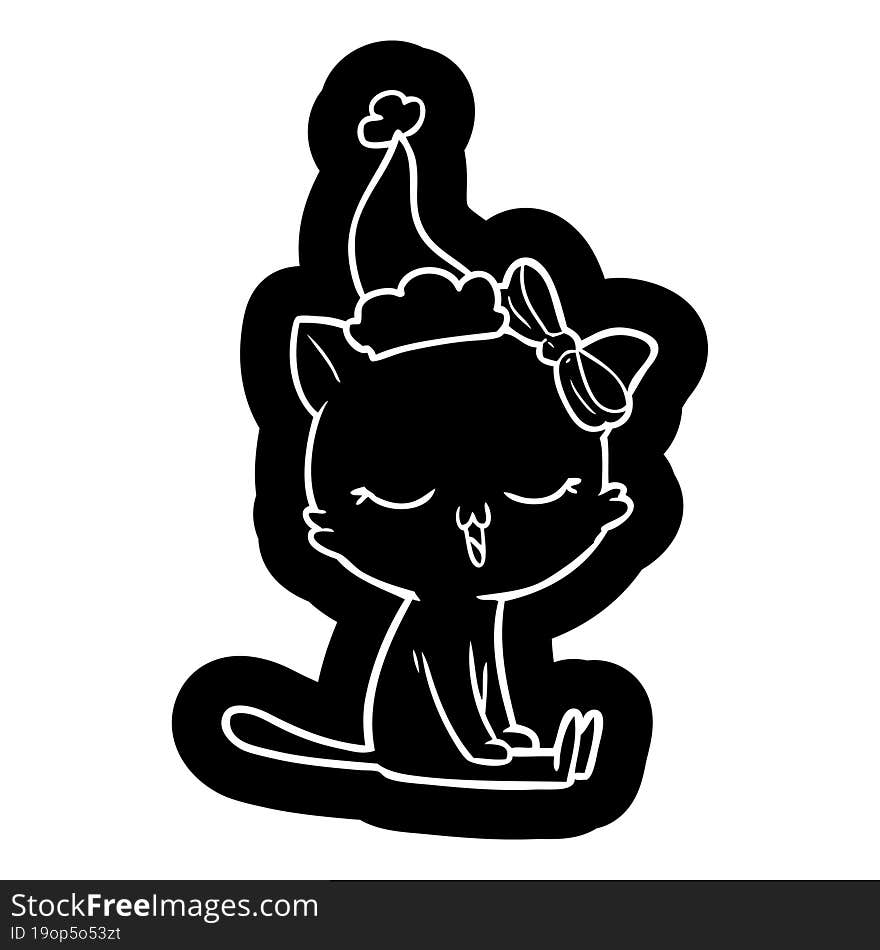 Cartoon Icon Of A Cat With Bow On Head Wearing Santa Hat