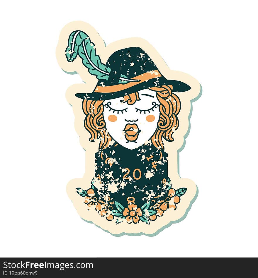 grunge sticker of a human bard with natural 20 dice roll. grunge sticker of a human bard with natural 20 dice roll