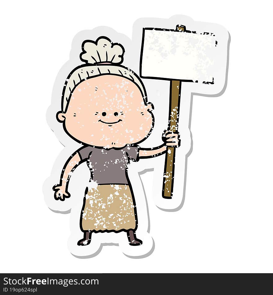 distressed sticker of a cartoon happy old woman