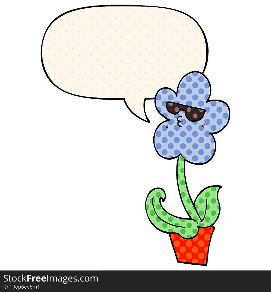 cool cartoon flower and speech bubble in comic book style