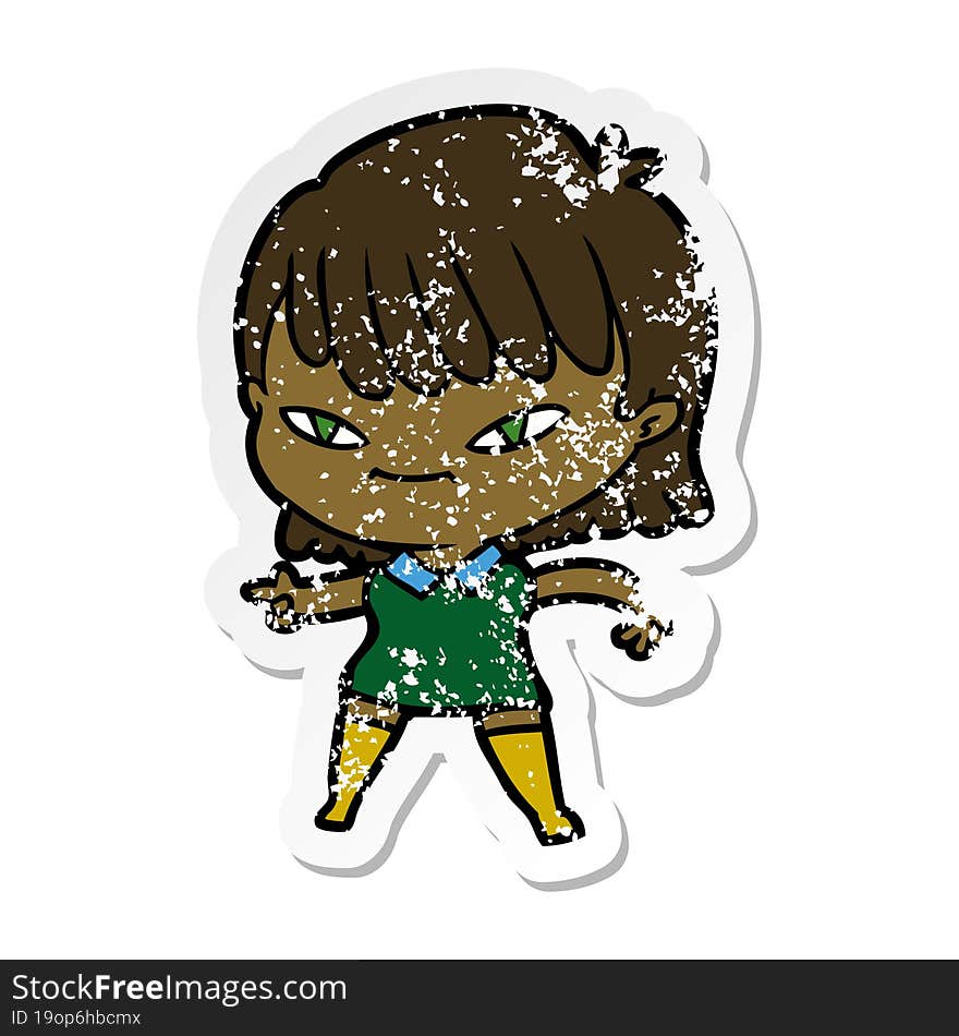 distressed sticker of a cartoon pointing woman