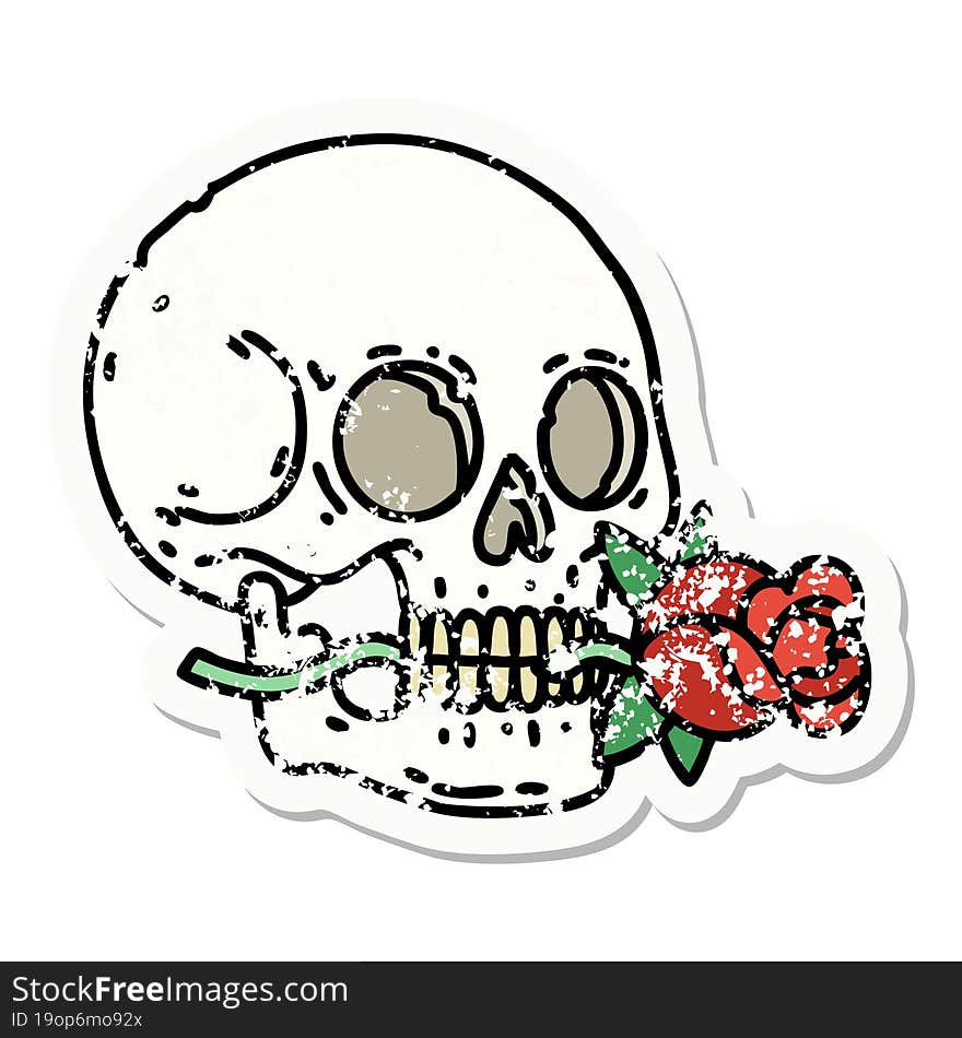 Traditional Distressed Sticker Tattoo Of A Skull And Rose