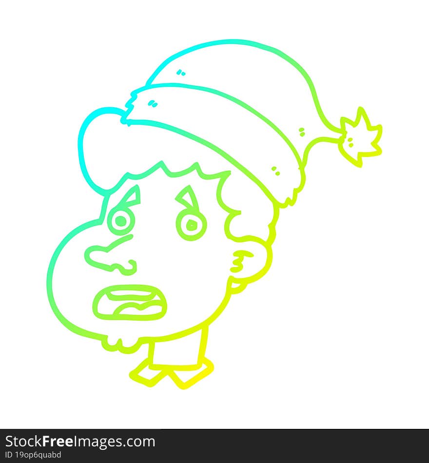 cold gradient line drawing cartoon man wearing christmas hat