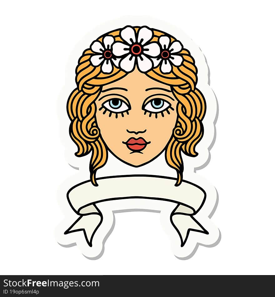 tattoo sticker with banner of female face with crown of flowers