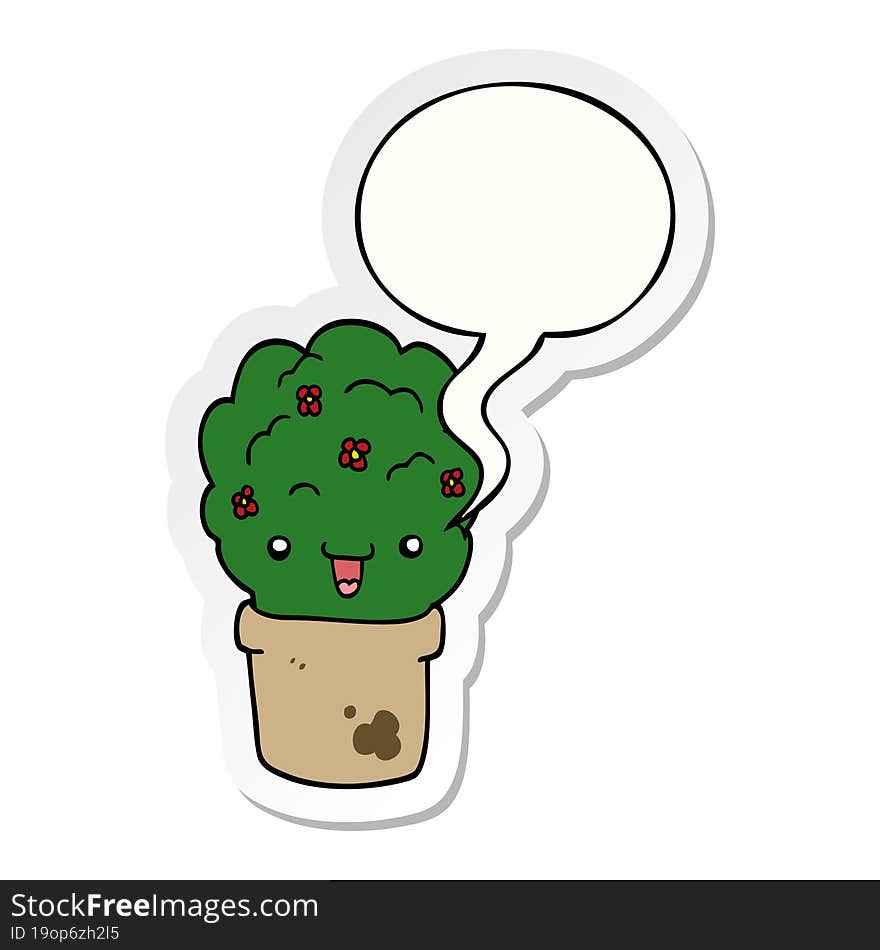 cartoon shrub in pot with speech bubble sticker