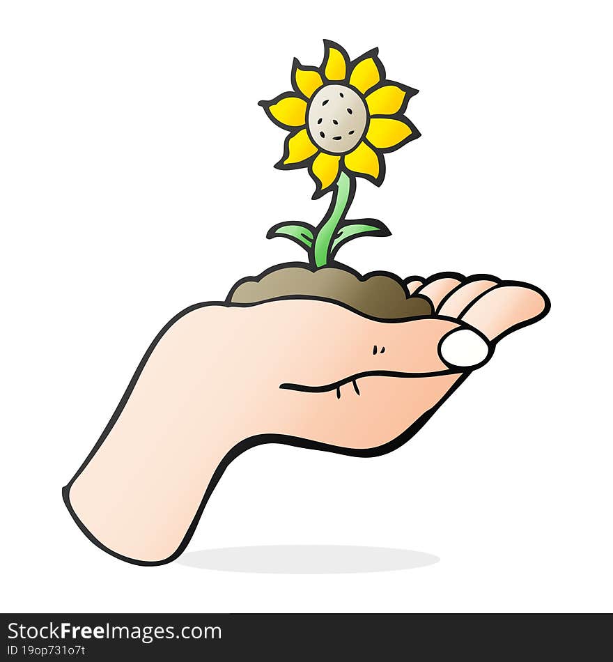 freehand drawn cartoon flower growing in palm of hand