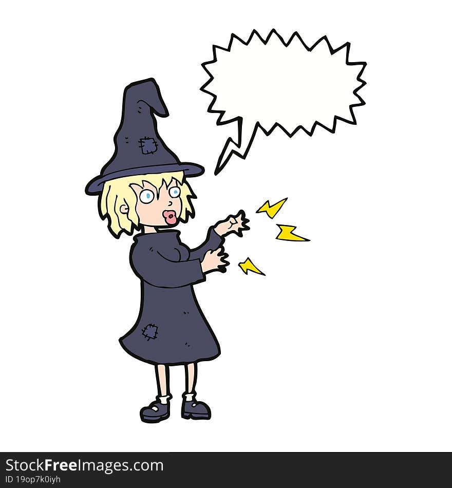 cartoon witch casting spell with speech bubble