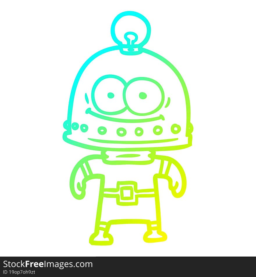 cold gradient line drawing happy carton robot with light bulb