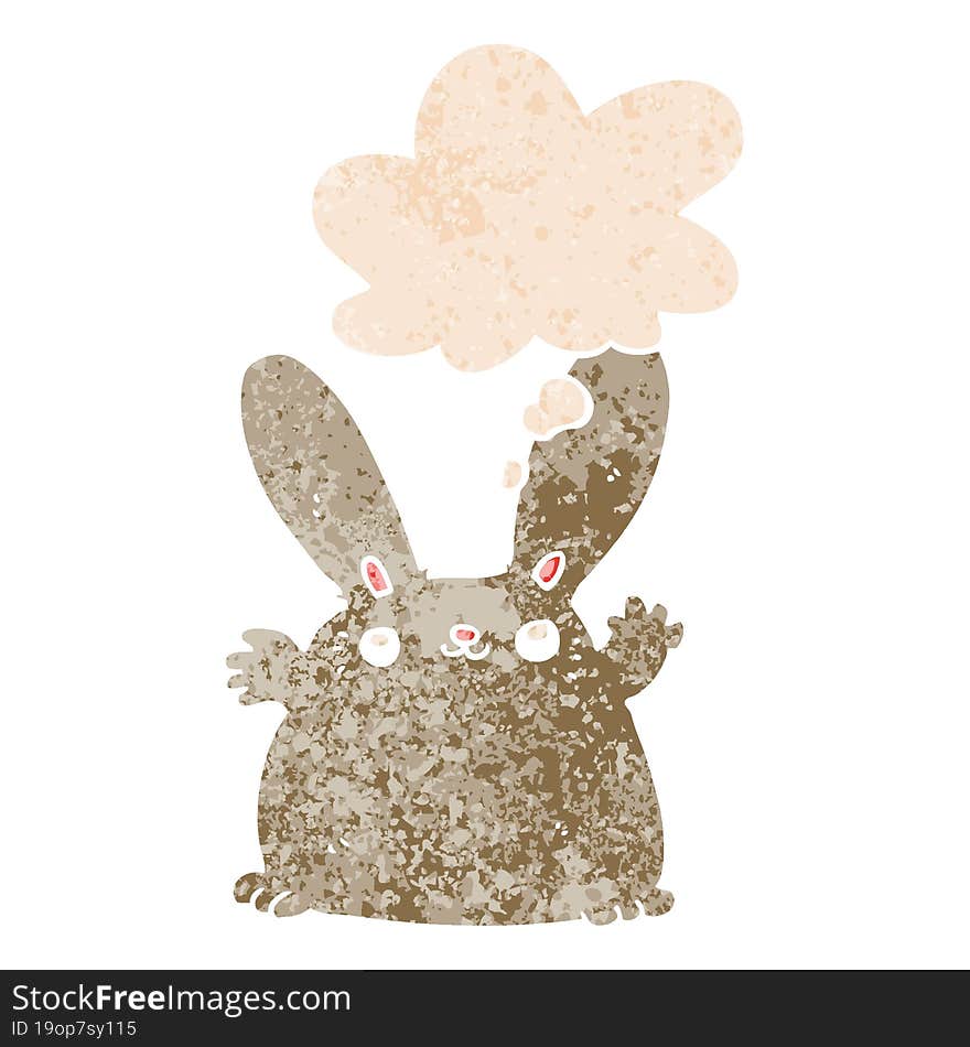 cartoon rabbit with thought bubble in grunge distressed retro textured style. cartoon rabbit with thought bubble in grunge distressed retro textured style