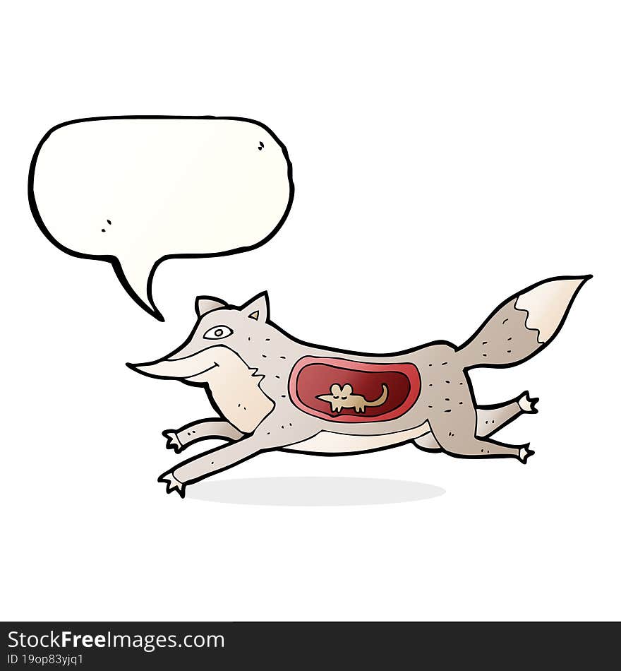 cartoon wolf with mouse in belly with speech bubble