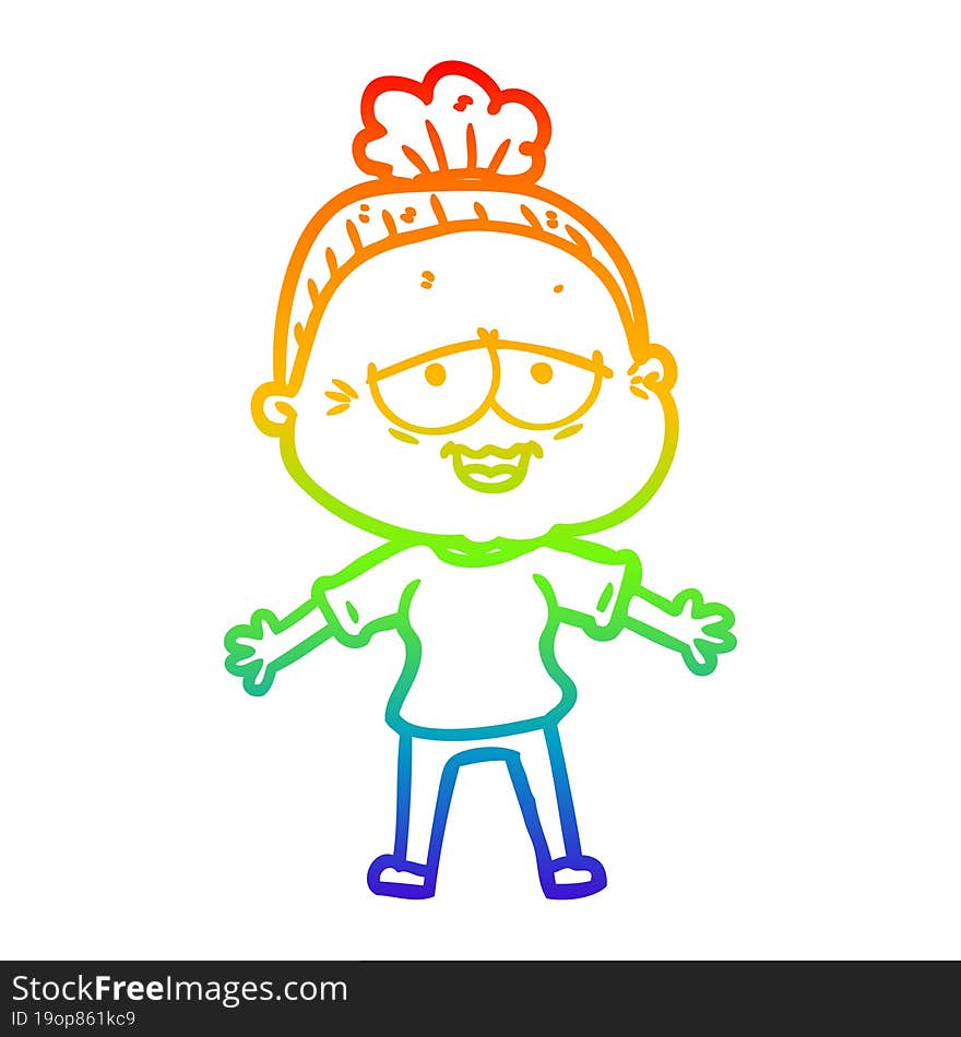 rainbow gradient line drawing of a cartoon happy old lady