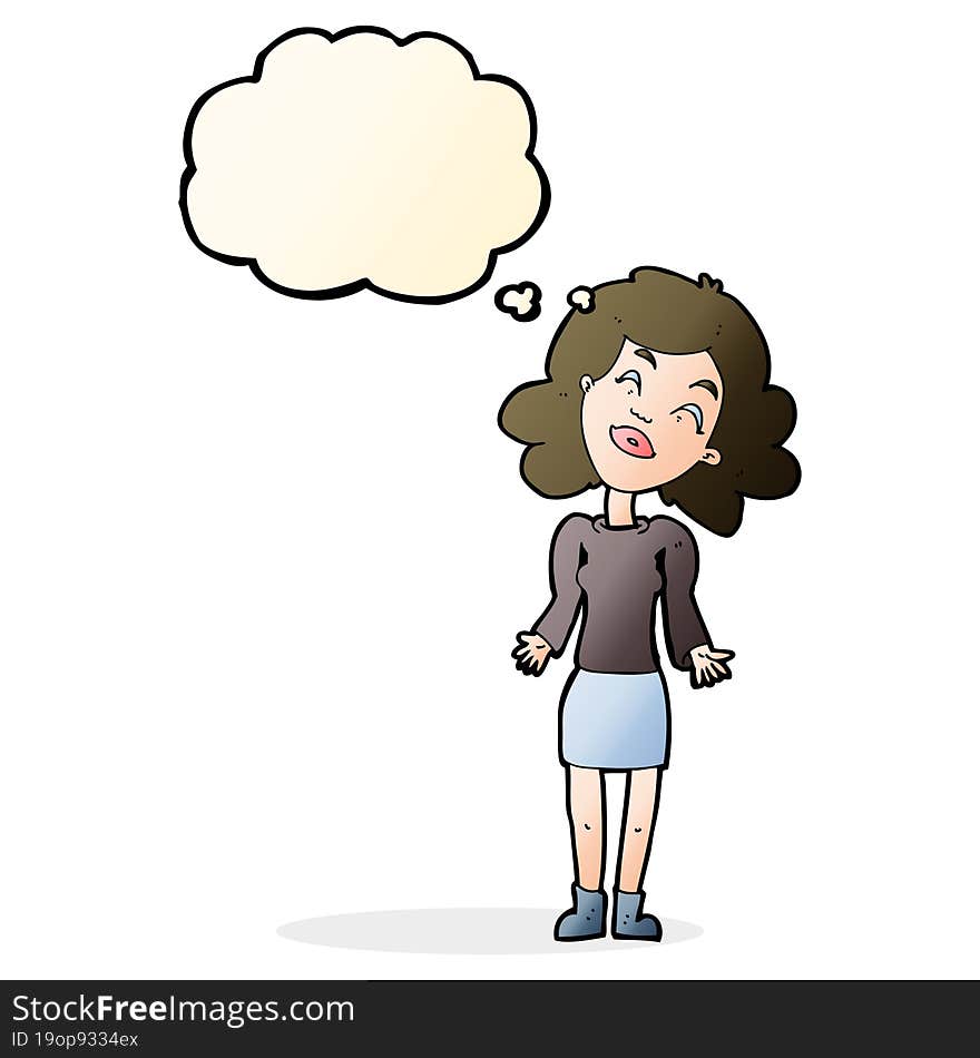 cartoon woman shrugging shoulders with thought bubble