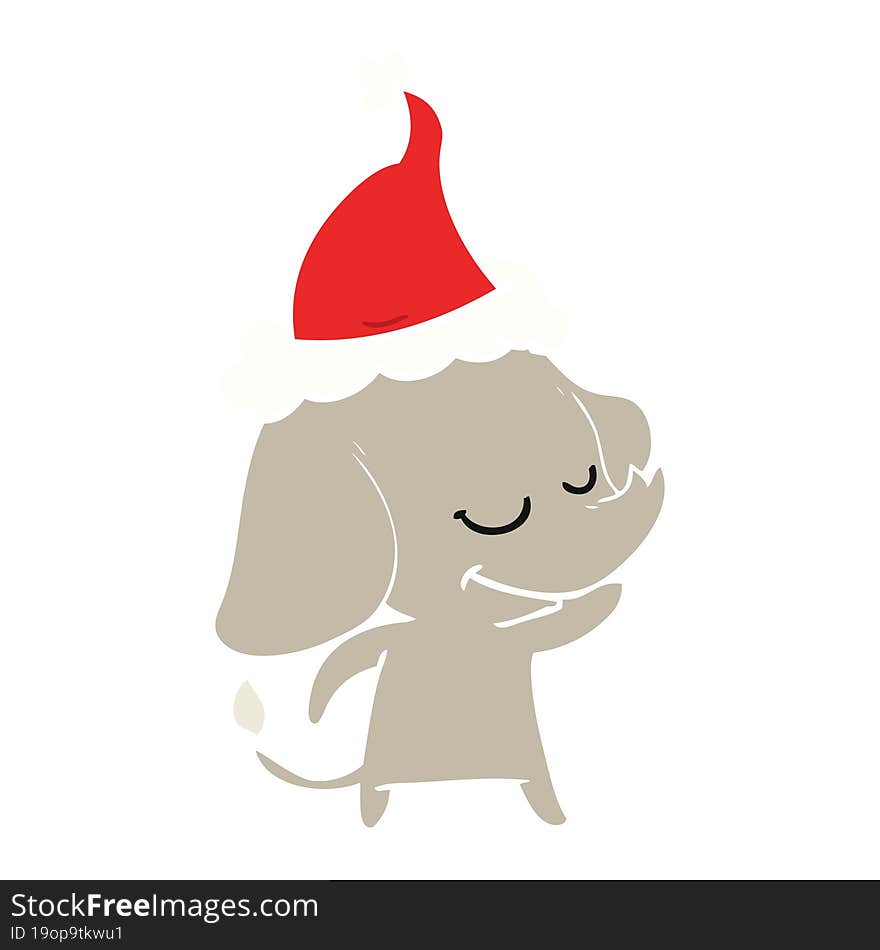 hand drawn flat color illustration of a smiling elephant wearing santa hat