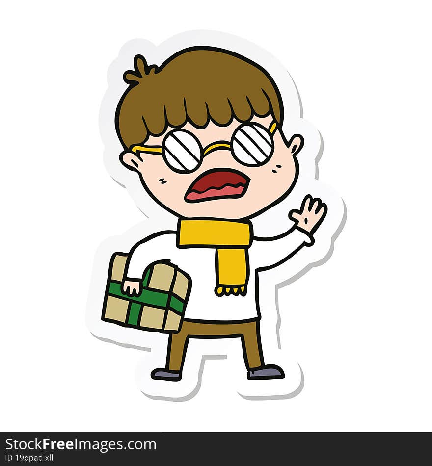 sticker of a cartoon boy holding gift and wearing spectacles