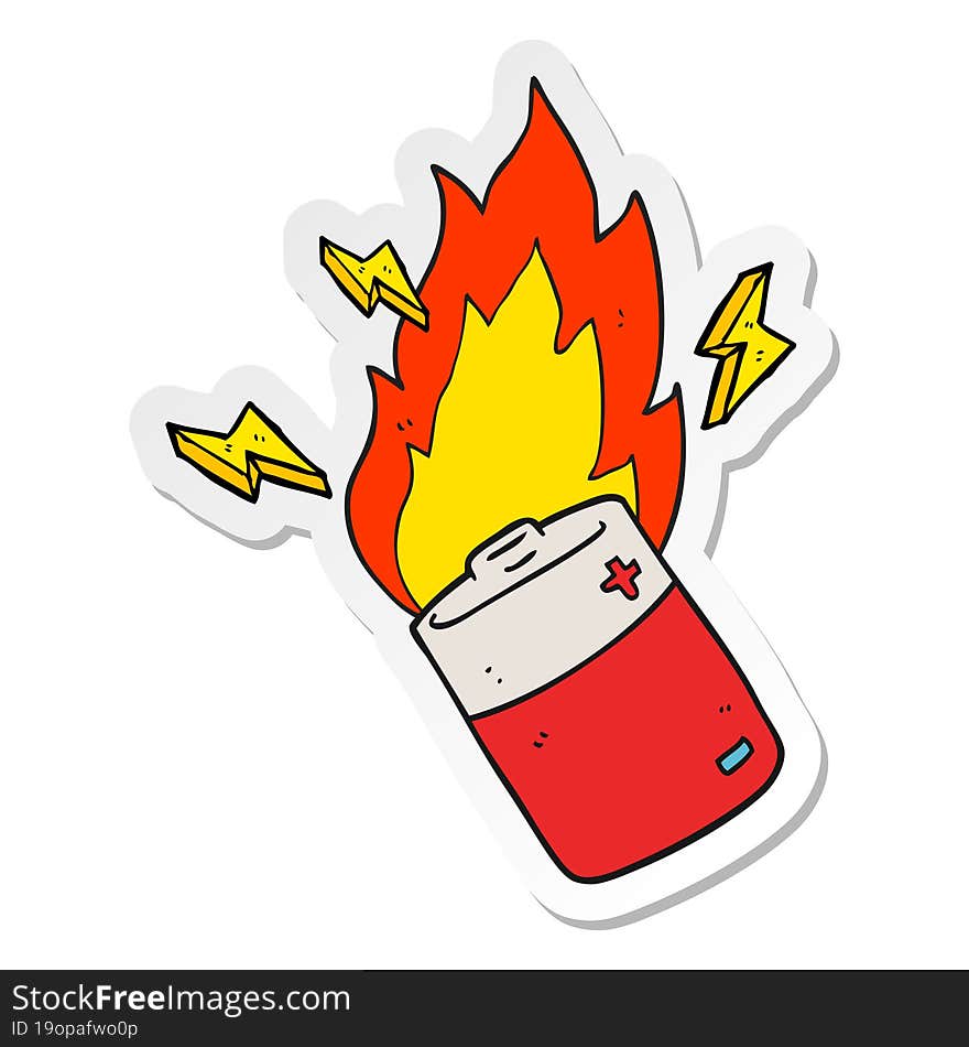 Sticker Of A Cartoon Flaming Battery