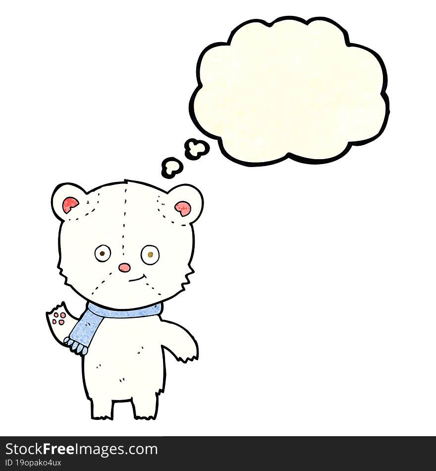 cartoon polar bear waving with thought bubble