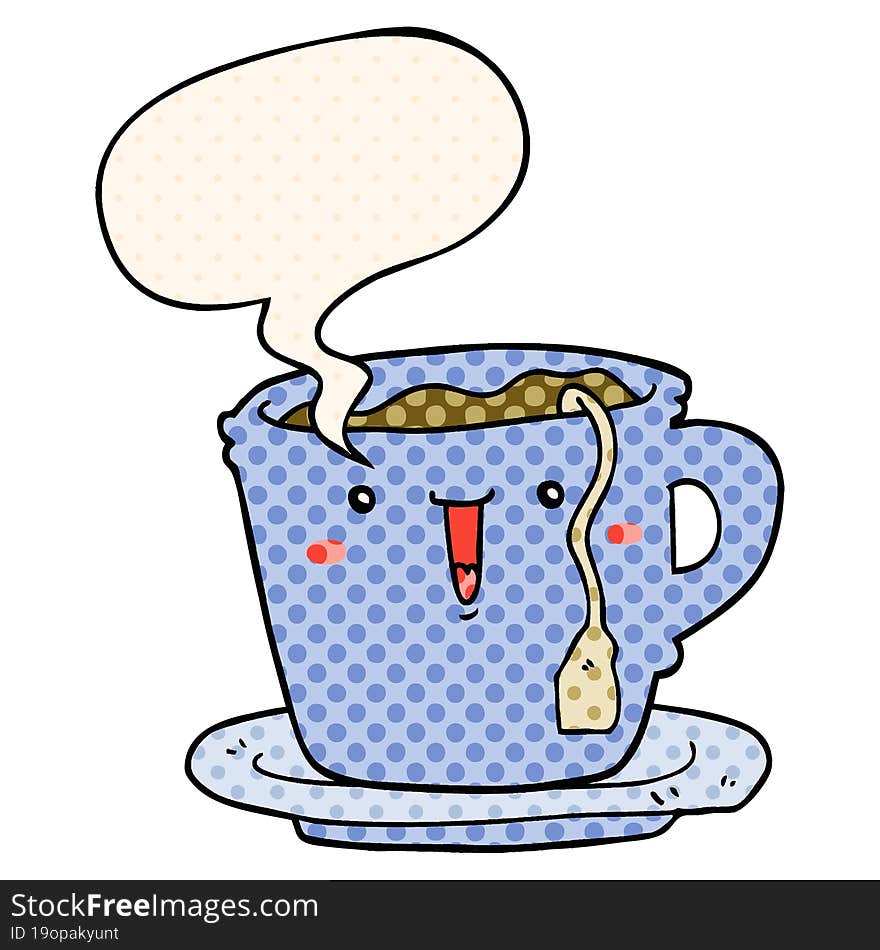 cute cartoon cup and saucer and speech bubble in comic book style