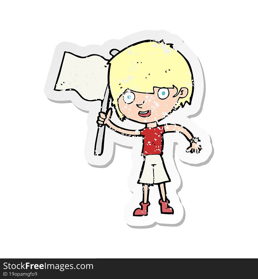 retro distressed sticker of a cartoon boy with flag