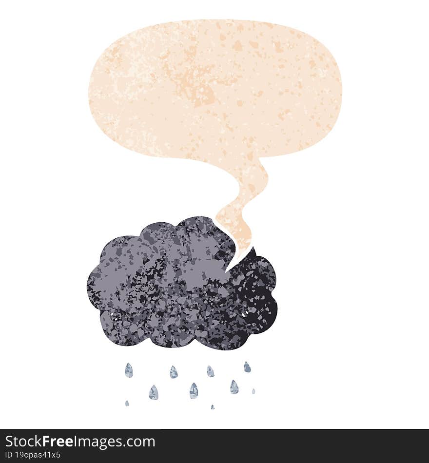 cartoon cloud raining and speech bubble in retro textured style