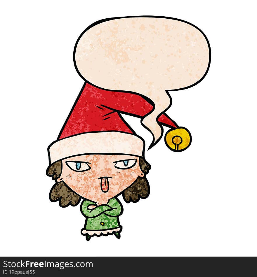 cartoon girl wearing christmas hat with speech bubble in retro texture style