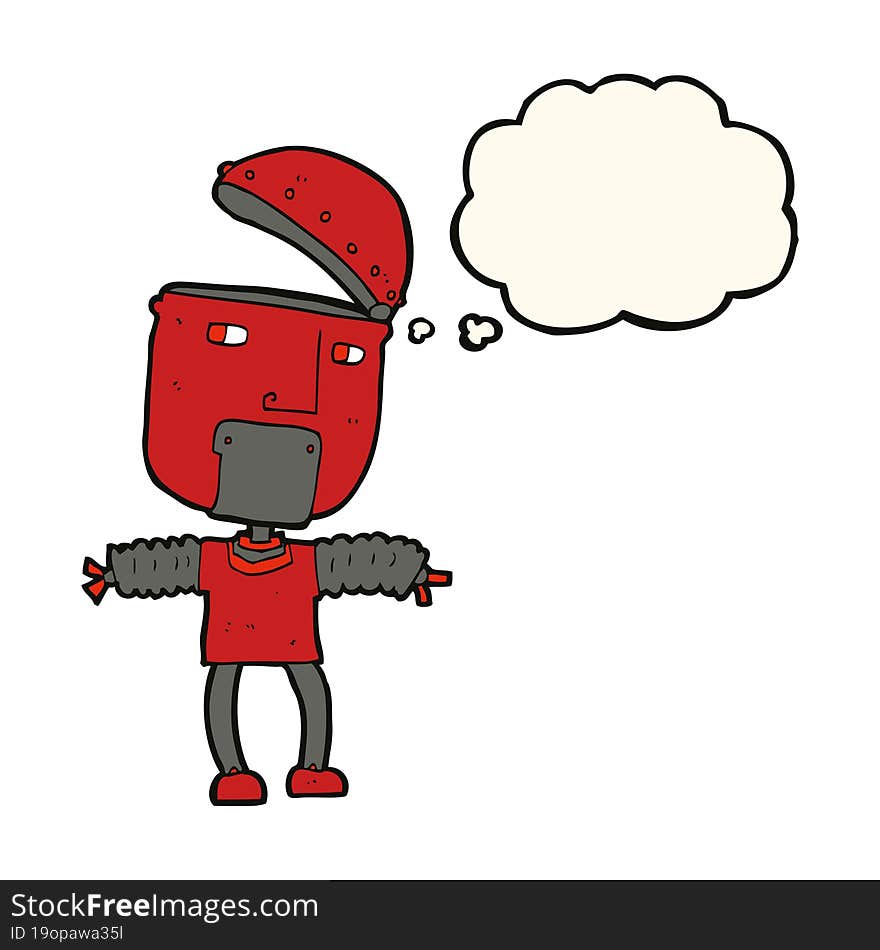 Funny Cartoon Robot With Open Head With Thought Bubble