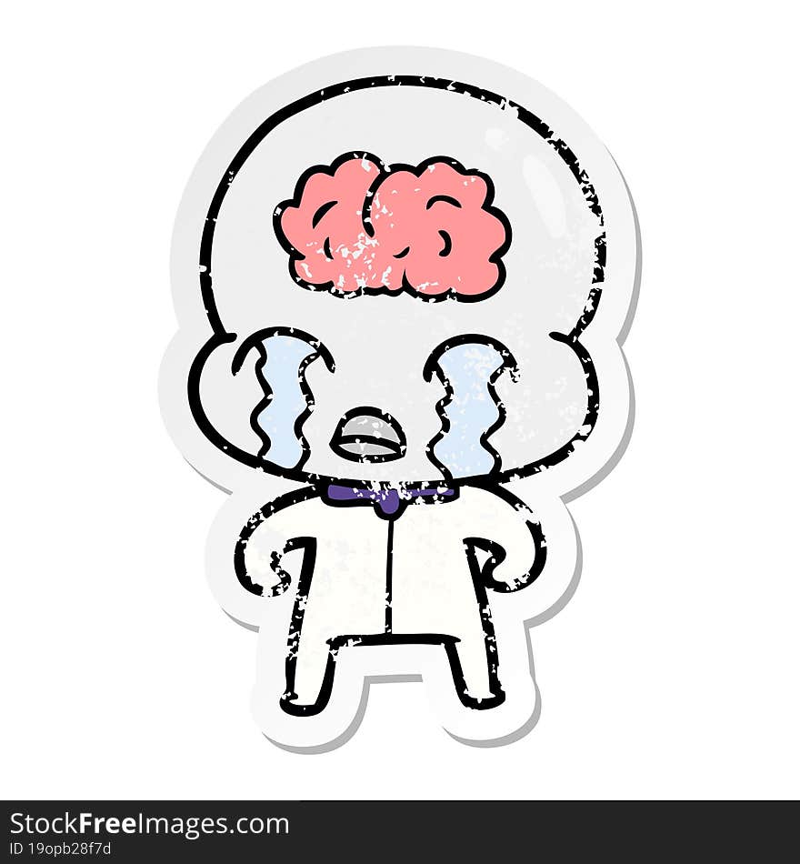 distressed sticker of a cartoon big brain alien crying