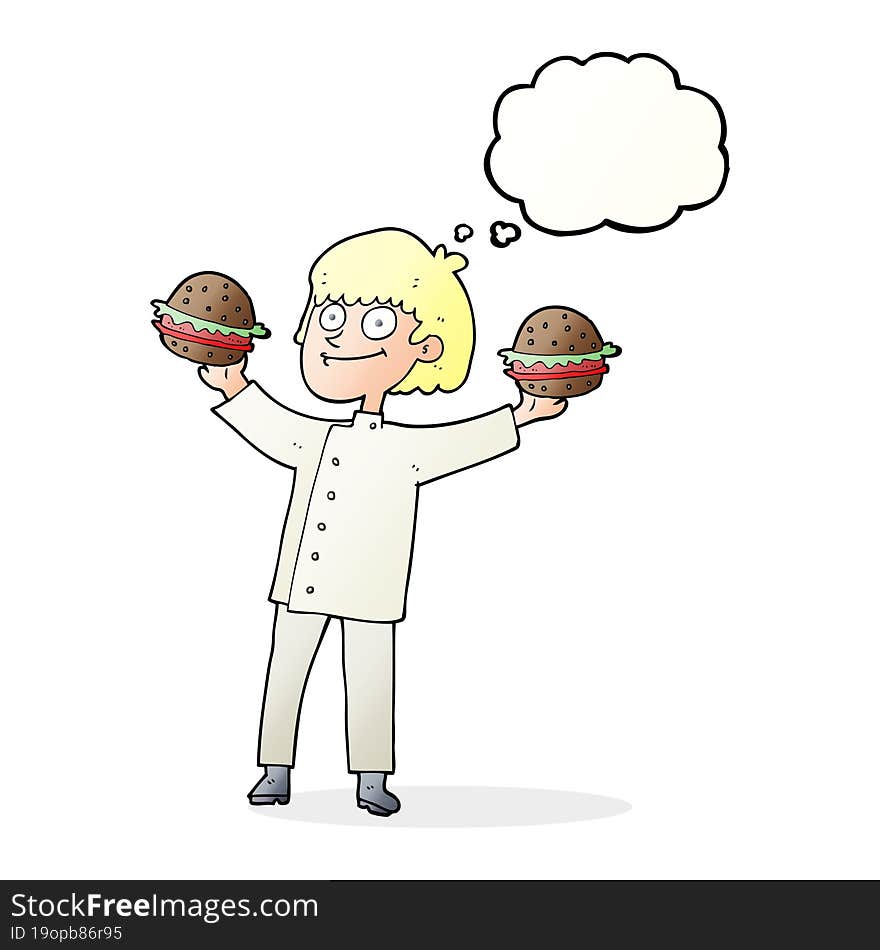 thought bubble cartoon chef with burgers