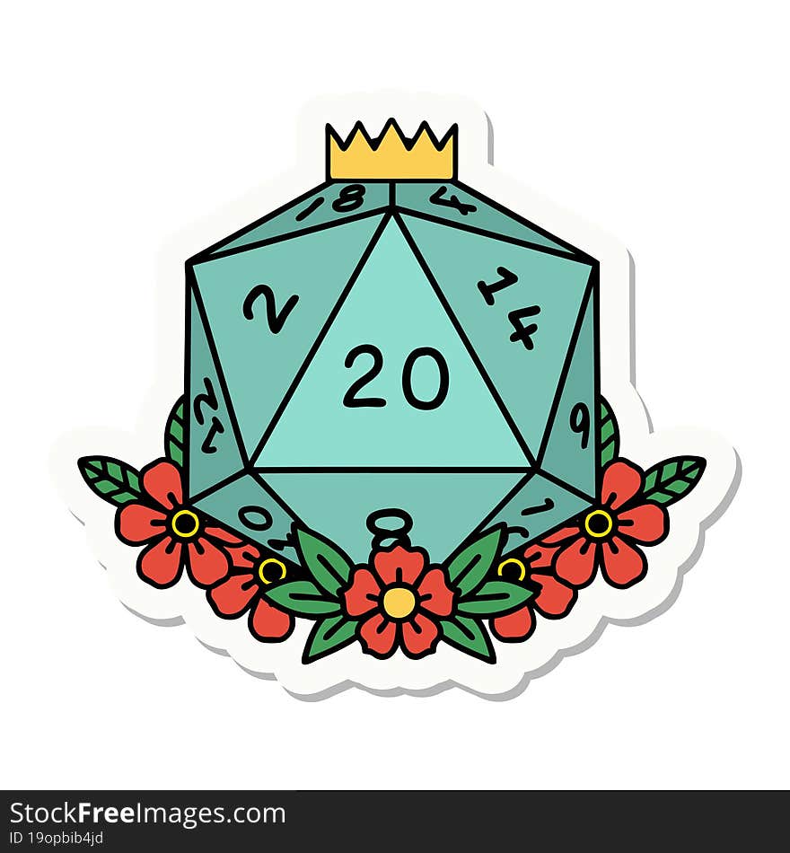 sticker of a natural 20 D20 dice roll with floral elements. sticker of a natural 20 D20 dice roll with floral elements