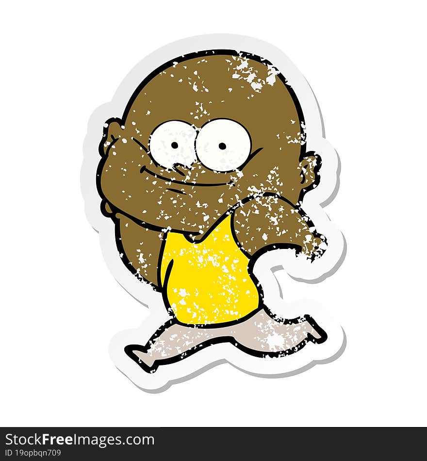 distressed sticker of a cartoon bald man staring