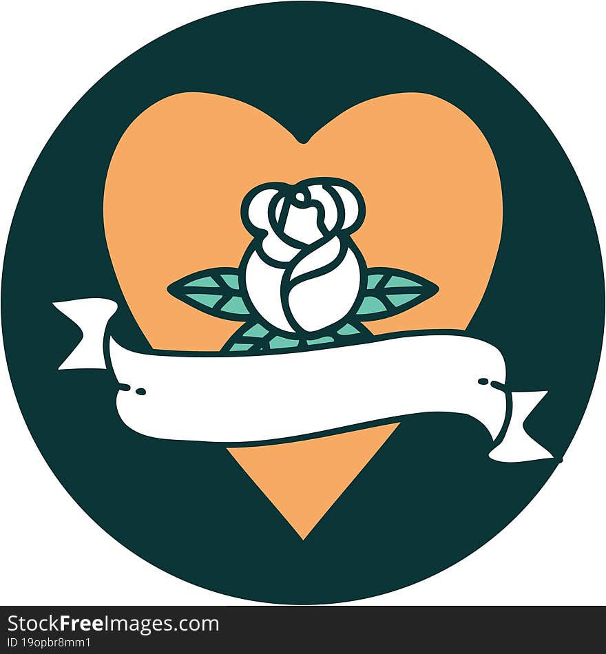 tattoo style icon of a heart rose and banner