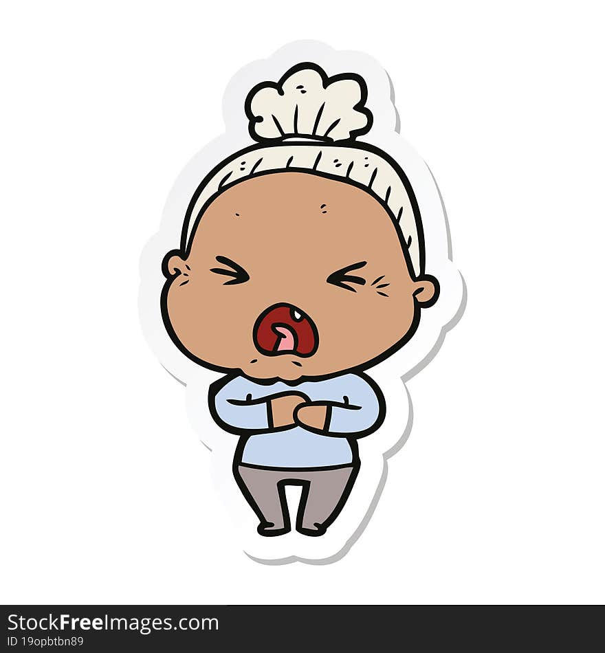 sticker of a cartoon angry old woman