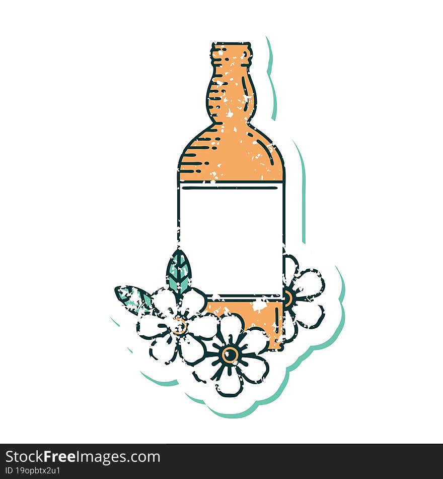 distressed sticker tattoo style icon of a rum bottle and flowers