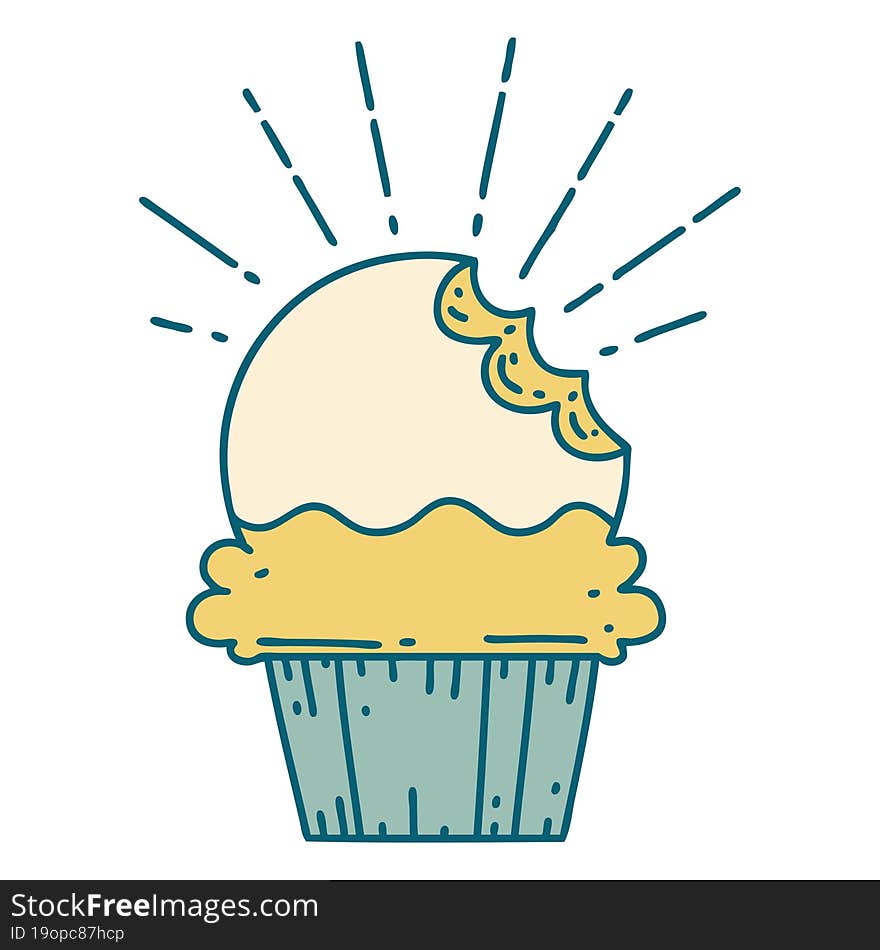 illustration of a traditional tattoo style cupcake with missing bite