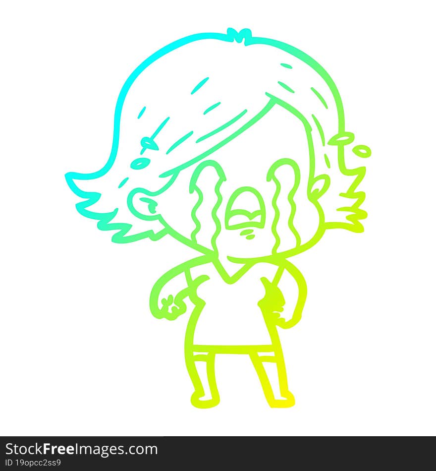 cold gradient line drawing of a cartoon woman crying