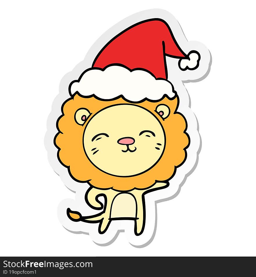 hand drawn sticker cartoon of a lion wearing santa hat