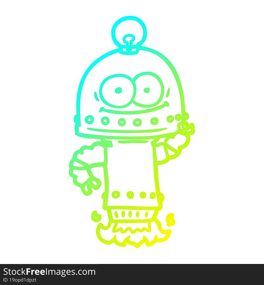 cold gradient line drawing happy carton robot with light bulb