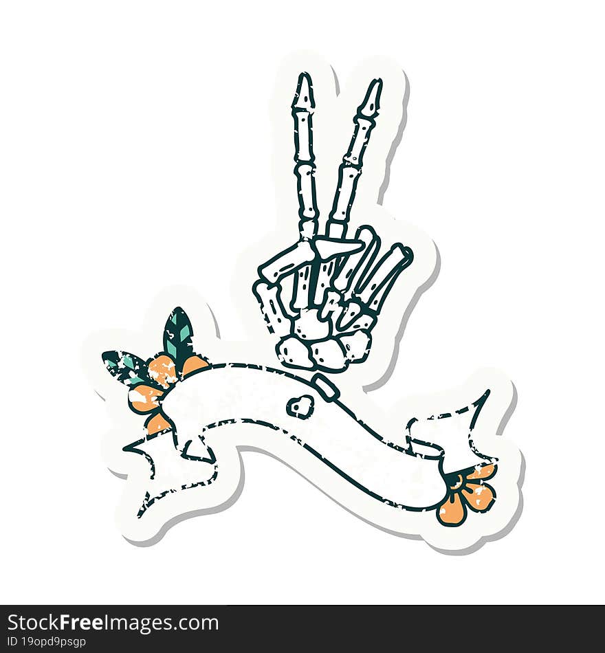 grunge sticker with banner of a skeleton hand giving a peace sign