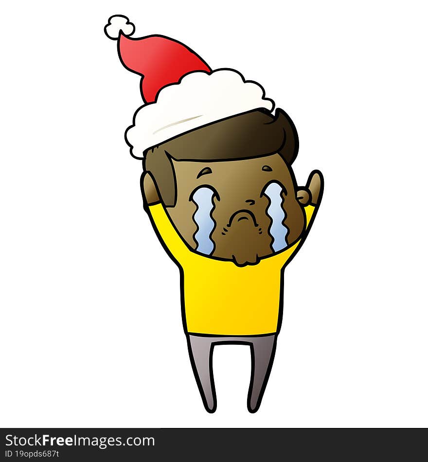 gradient cartoon of a man crying wearing santa hat