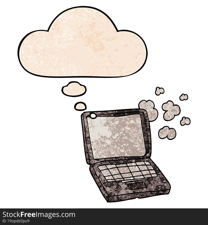 cartoon laptop computer and thought bubble in grunge texture pattern style