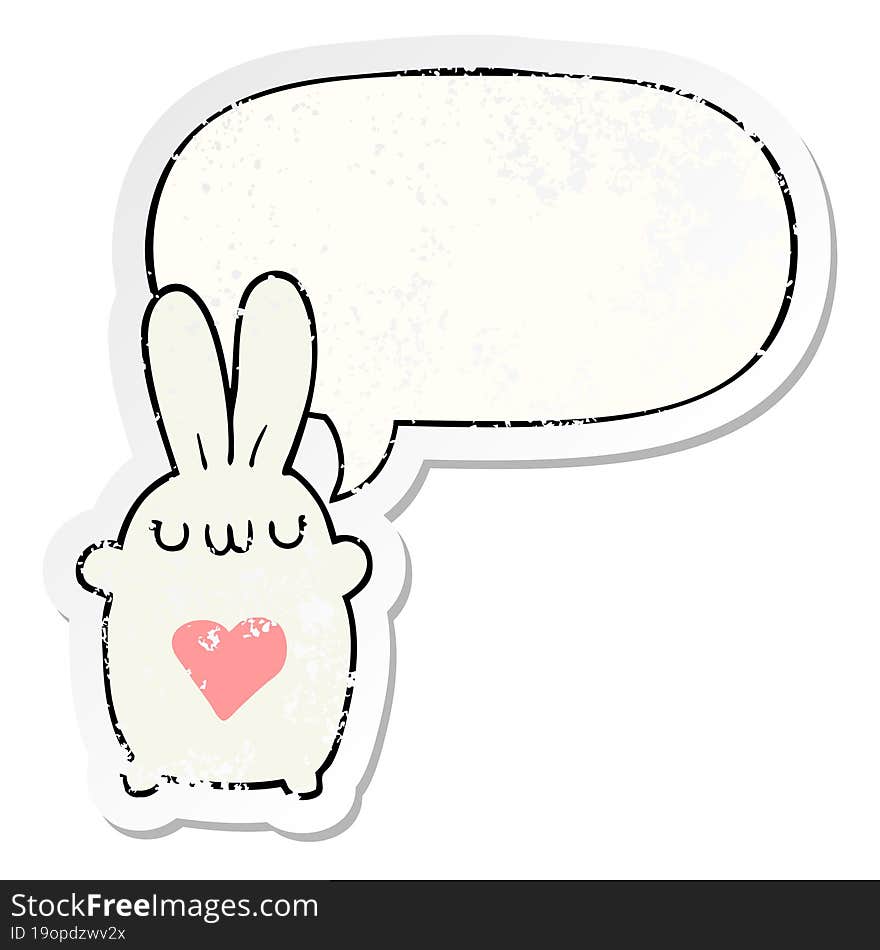 cute cartoon rabbit and love heart and speech bubble distressed sticker