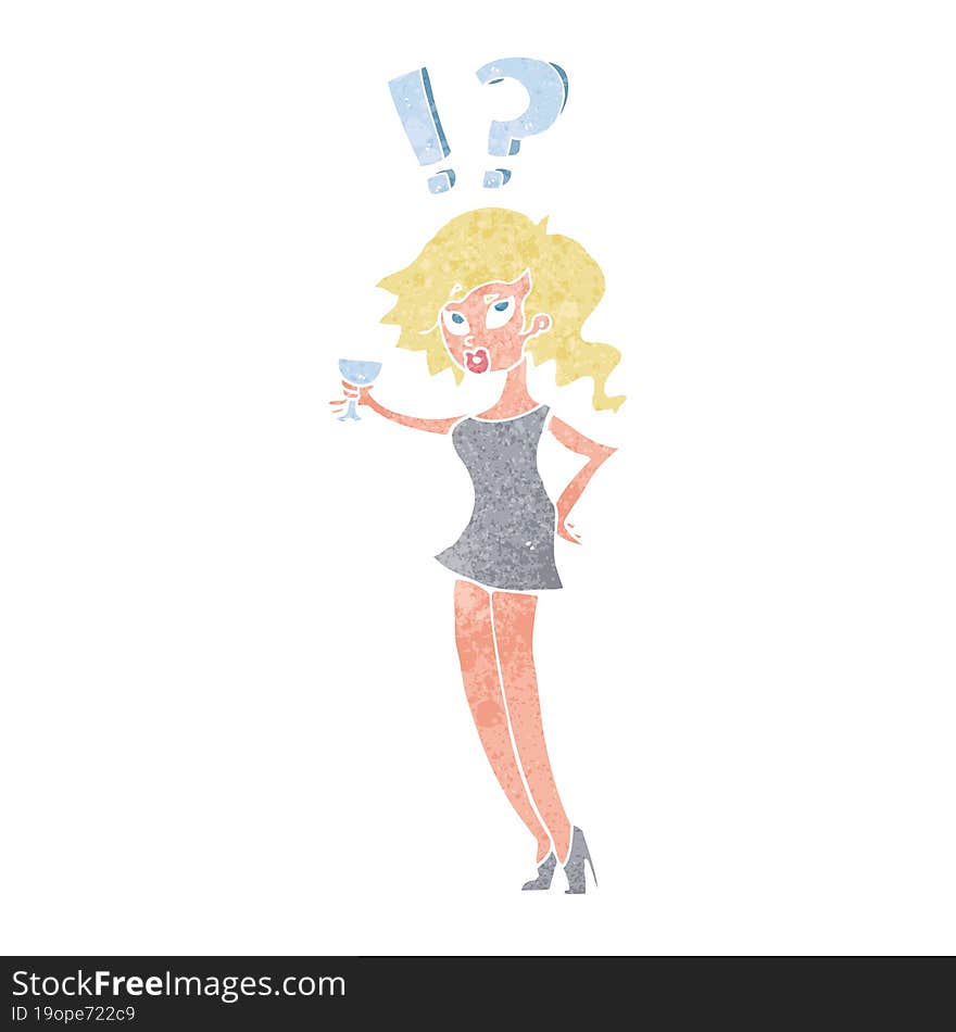 cartoon confused woman with drink