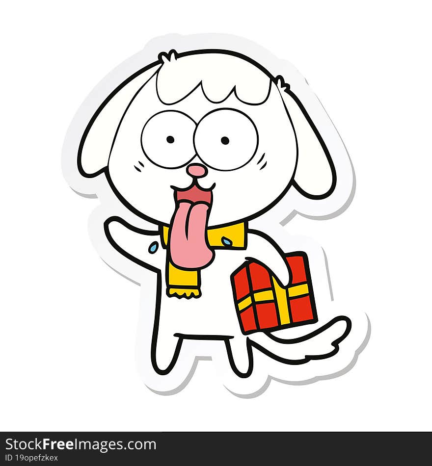 sticker of a cute cartoon dog with christmas present