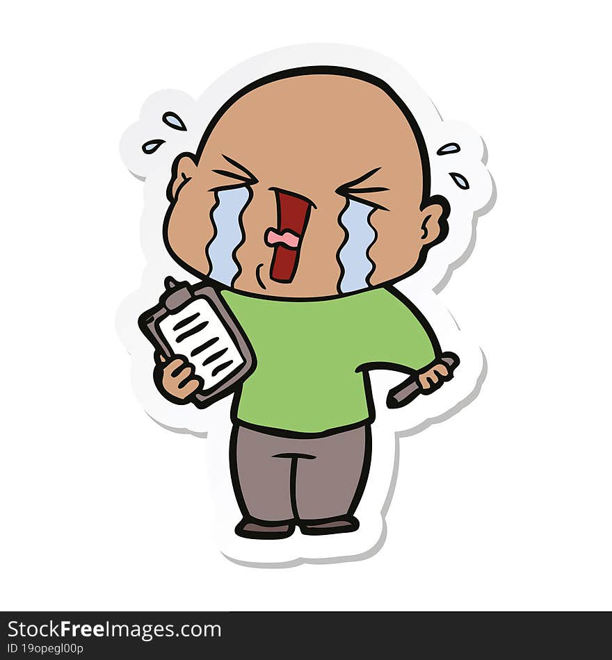 sticker of a cartoon crying man with clipboard