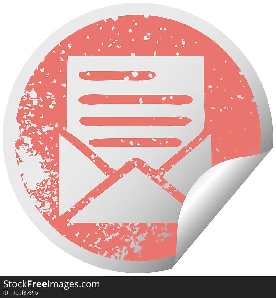 distressed circular peeling sticker symbol of a letter and envelope