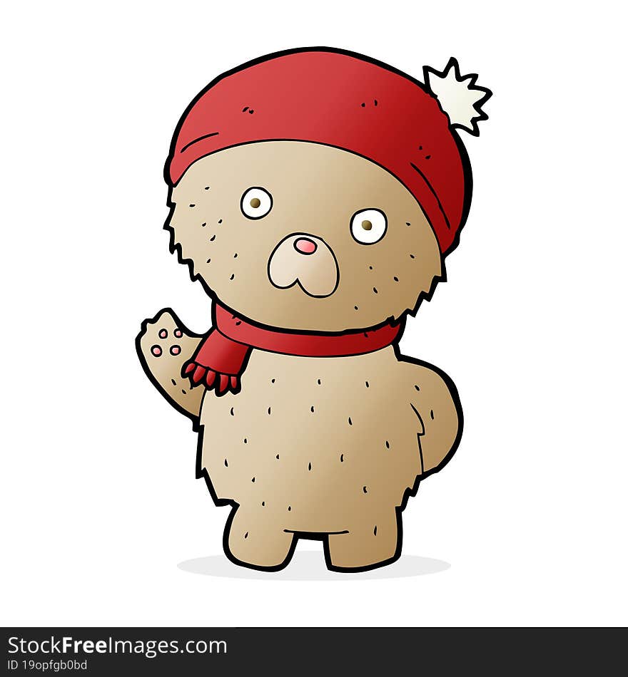 Cartoon Teddy Bear In Winter Hat And Scarf