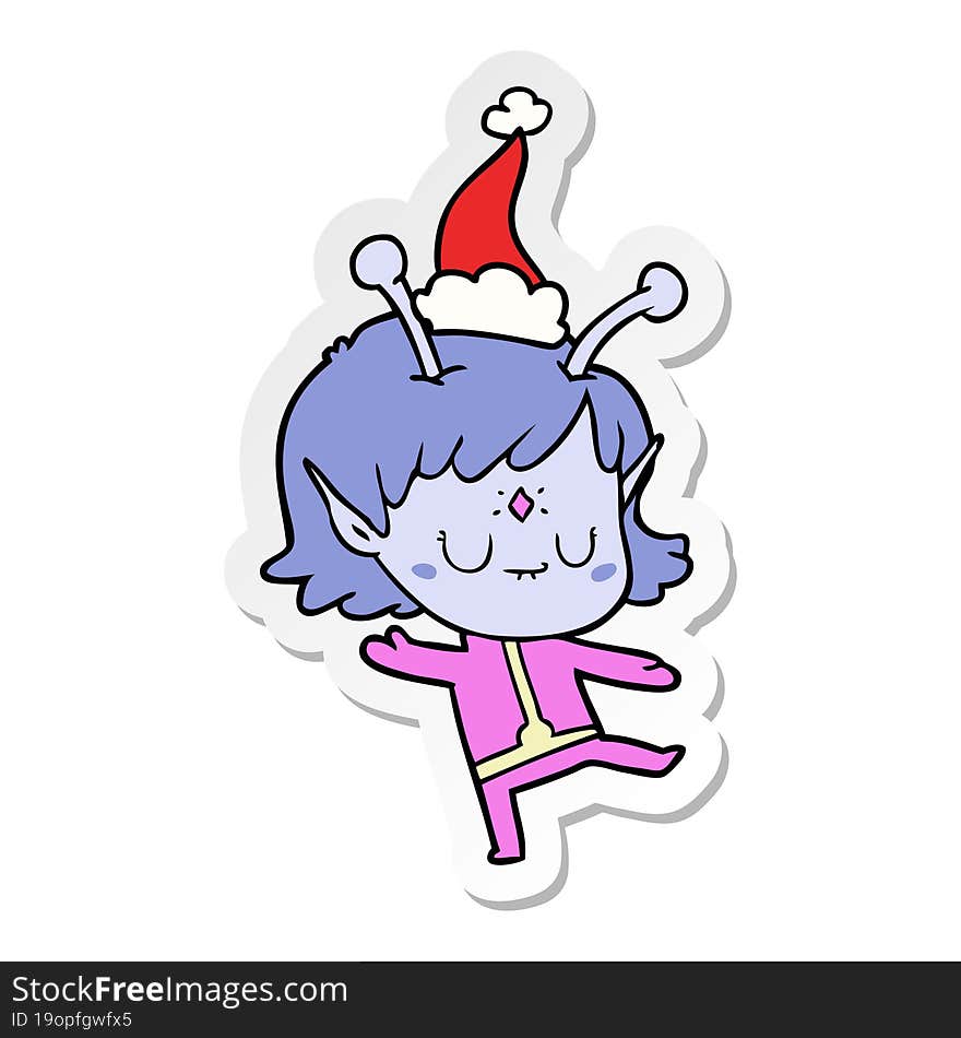 hand drawn sticker cartoon of a alien girl wearing santa hat