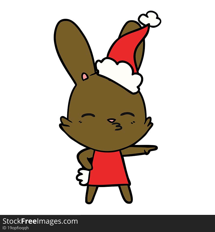 curious bunny line drawing of a wearing santa hat